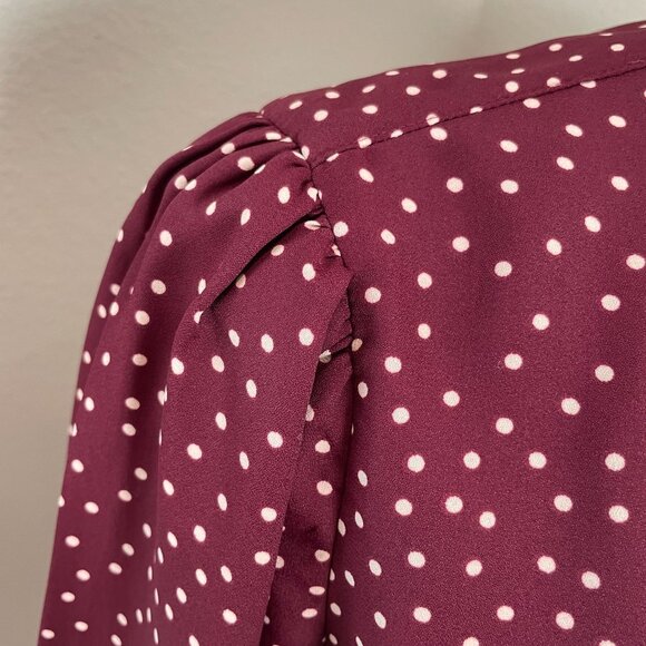 Express Portofino Shirt Womens XS Polka Dot Blouse Burgundy White Ruffle Neck - Picture 3 of 10